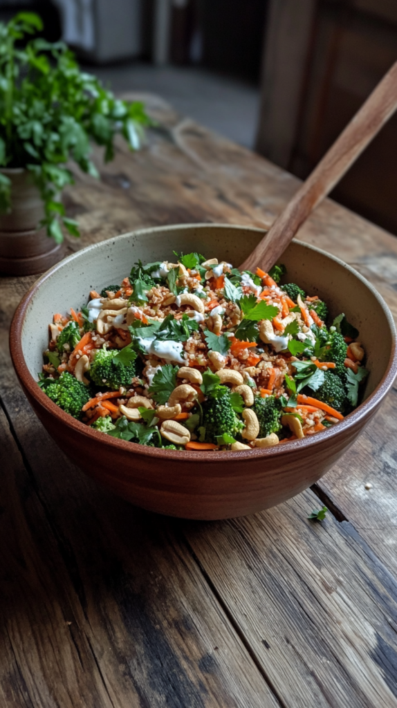 Brokkoli-Crunch-Salat mit Cashews & Joghurt-Dressing.