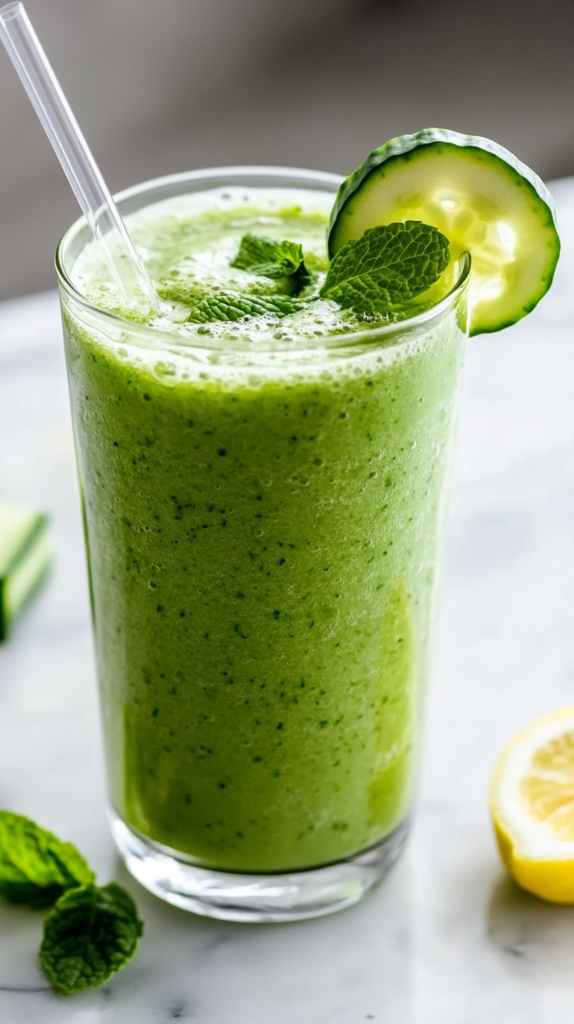 Erfrischender Detox-Smoothie aus Gurke, Zitrone und Minze, serviert in einem hohen Glas mit frischen Zitronenscheiben als Garnitur.