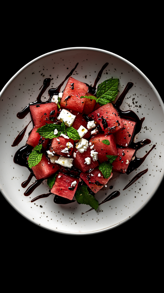 Wassermelonen-Feta-Salat mit Minze & Balsamico-Glasur.