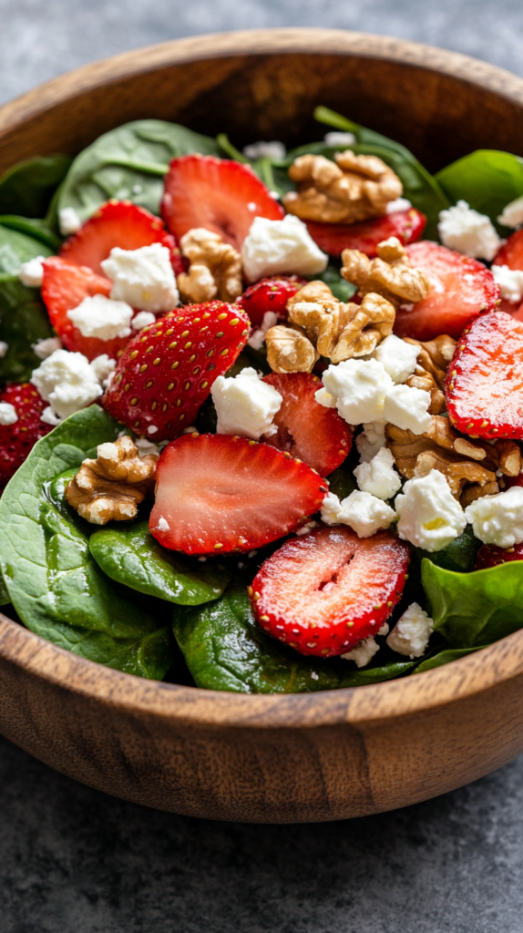 Spinatsalat mit Erdbeeren, Feta & Walnüssen in einer Holzschale.