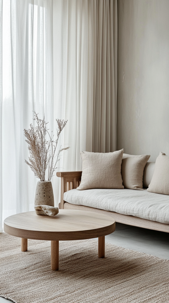 Japandi-Wohnzimmer mit hellem Holzsofa, Leinendeko & sanftem Tageslicht.