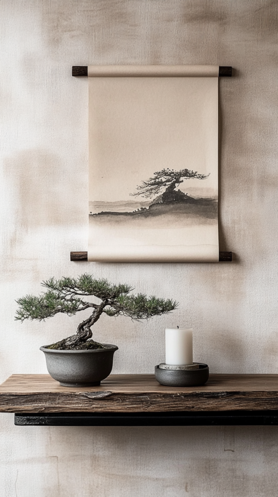 Minimalistische Wanddeko mit japanischer Tuschezeichnung und Bonsai auf Holzregal.