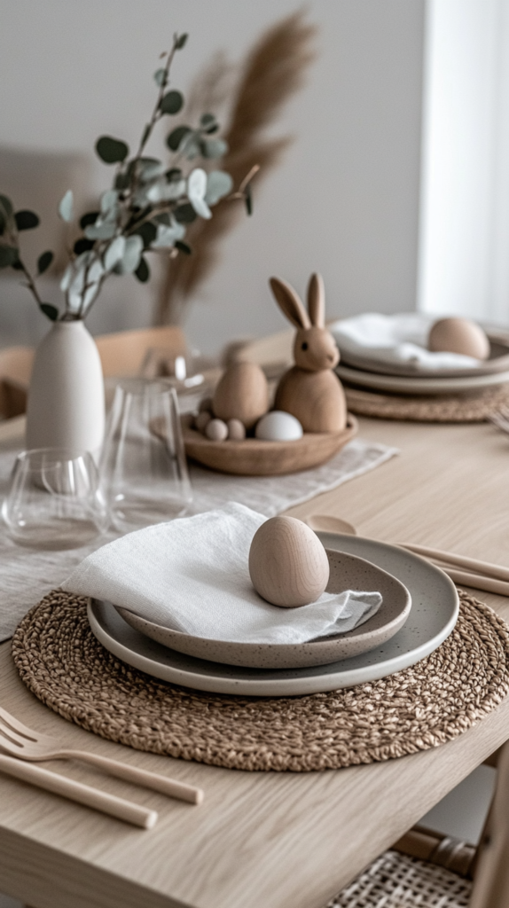 Skandinavische Osterdeko mit Holzelementen, Keramikeiern & Leinen für eine natürliche Atmosphäre.