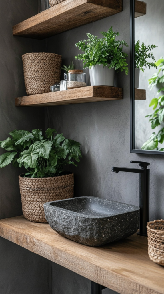Helles Hygge-Badezimmer mit Pflanzen, Holzregalen & Steinwaschbecken für eine natürliche Spa-Atmosphäre.