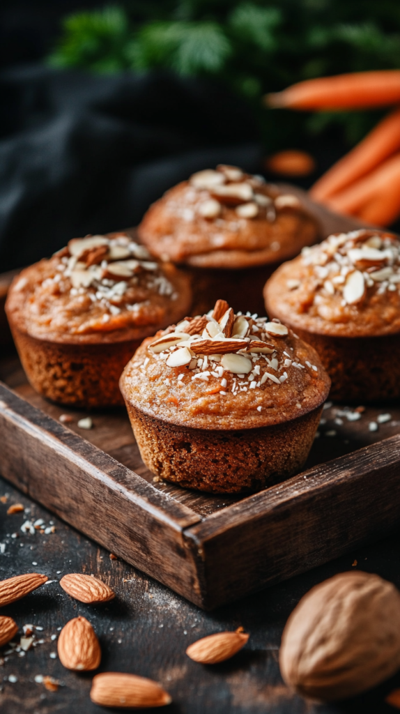 Vegane Karotten-Muffins mit Mandeln, serviert auf einem rustikalen Holztablett.