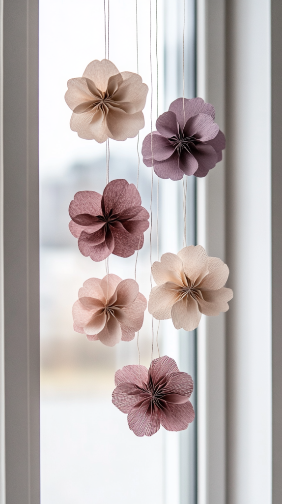 Hängende Papierblumen in zarten Pastelltönen als Fensterdeko für den Frühling.