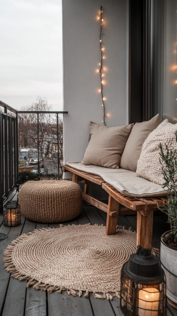Hygge-Balkon mit Holzbank, Rattansessel & weichen Kissen in Naturtönen.