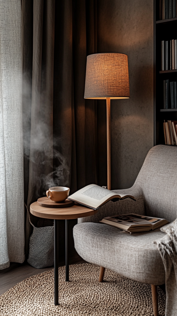 Japandi-Leseecke mit Holz-Stehlampe, Beistelltisch & gemütlicher Tee-Atmosphäre.
