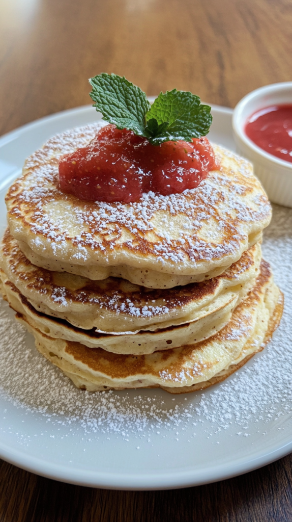 Fluffige Oster-Pancakes mit Erdbeersoße & Puderzucker, serviert auf einem Frühstückstisch.
