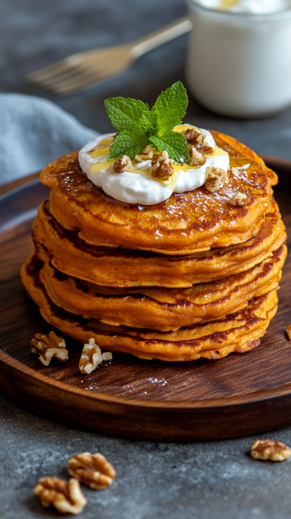 Karottenpancakes mit Honig & Walnüssen, serviert mit Joghurt & Minze.
