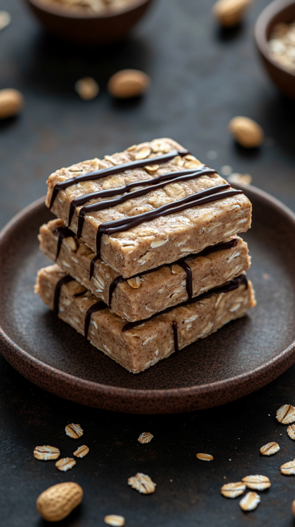 No-Bake Erdnussbutter-Hafer-Riegel mit Schokoguss.