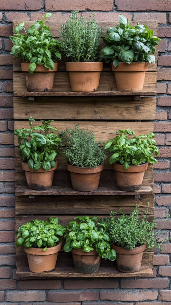 Selbstgebaute Kräuterwand aus Holz mit hängenden Töpfen für platzsparendes Urban Gardening auf dem Balkon.