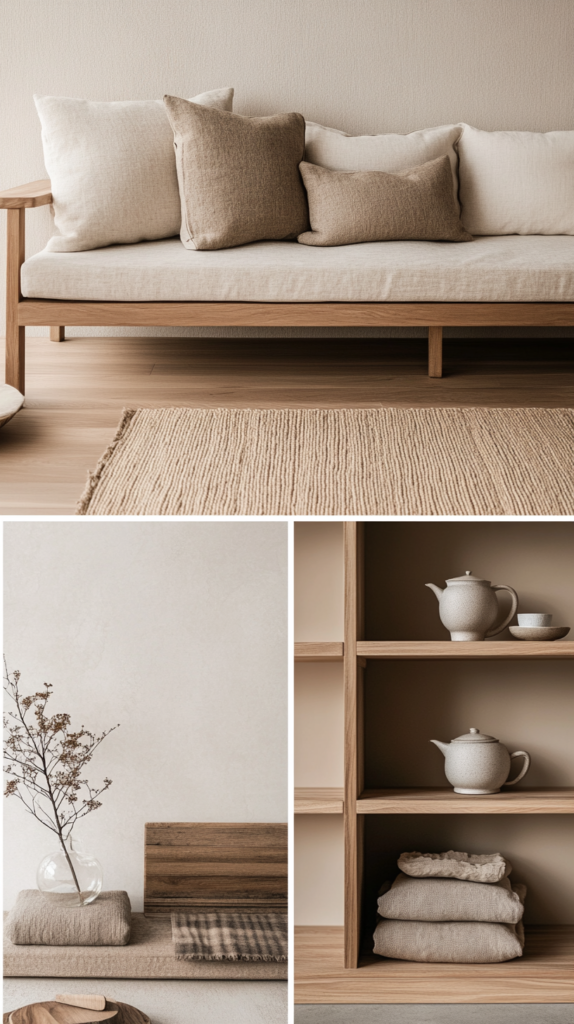 Collage mit verschiedenen Japandi-Wohnzimmer-Ideen für kleine Räume.