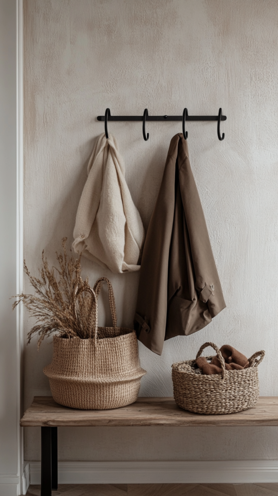 Moderne schwarze Wandhaken im minimalistischen Design, befestigt an einer hellen Wand.