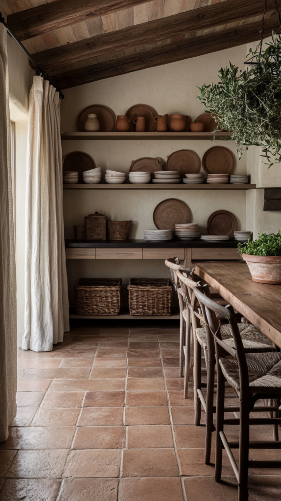 Eine mediterrane Küche mit Terrakottafliesen, offenen Holzregalen und handbemalter Keramik. Kräuter hängen über der Arbeitsfläche und sorgen für ein authentisches Flair.