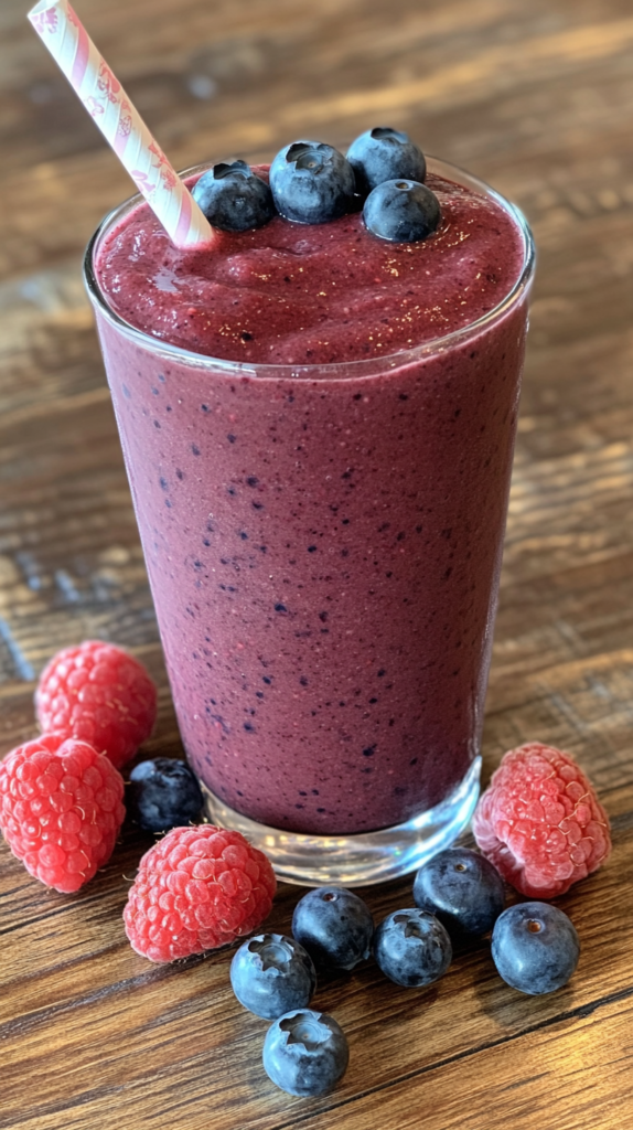 Sämiger Beeren-Smoothie mit Himbeeren und Blaubeeren, serviert in einem Glas mit dekorativen Beeren am Rand.