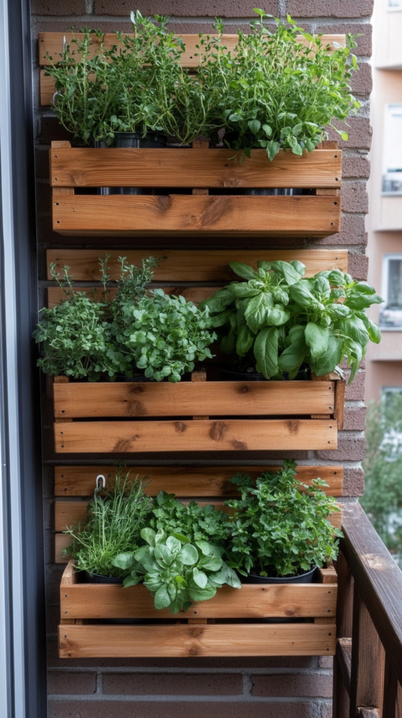 Verschiedene Balkon-Urban-Gardening-Ideen mit hängenden Kräutertöpfen, Hochbeeten & kreativen Pflanzlösungen.