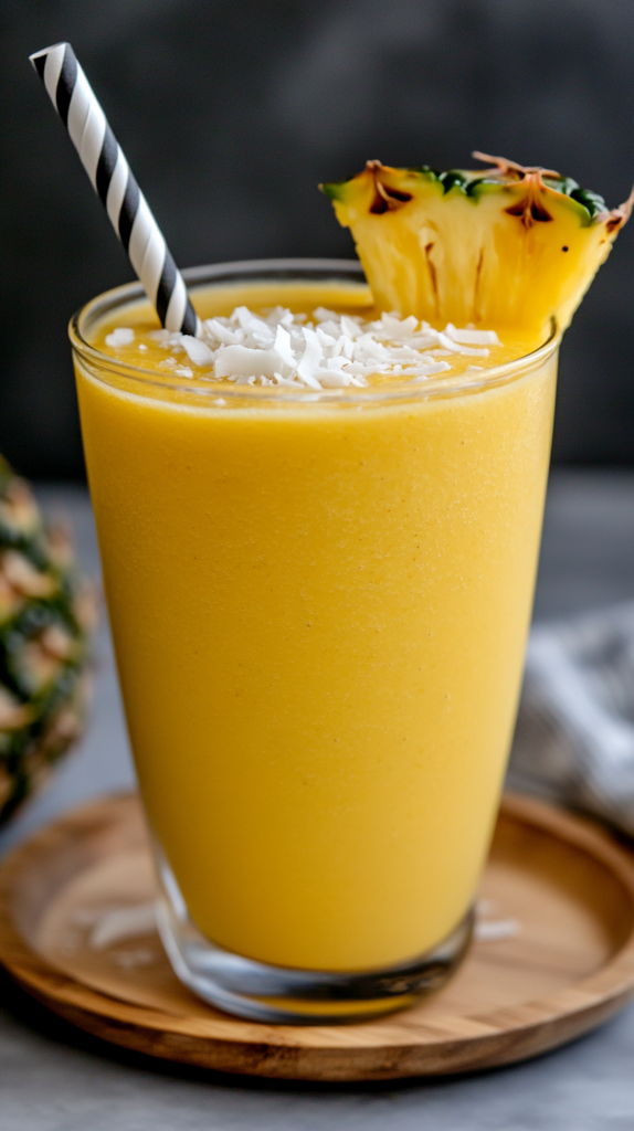 Tropischer Smoothie mit Ananas und Kokos, serviert in einem Glas mit dekorativen Kokosflocken.