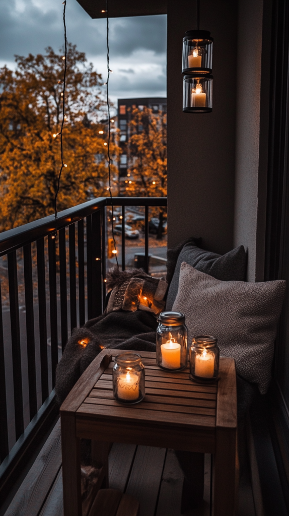 Balkon mit Lichterkette, Solarlaternen & Teelichtern im Glas.