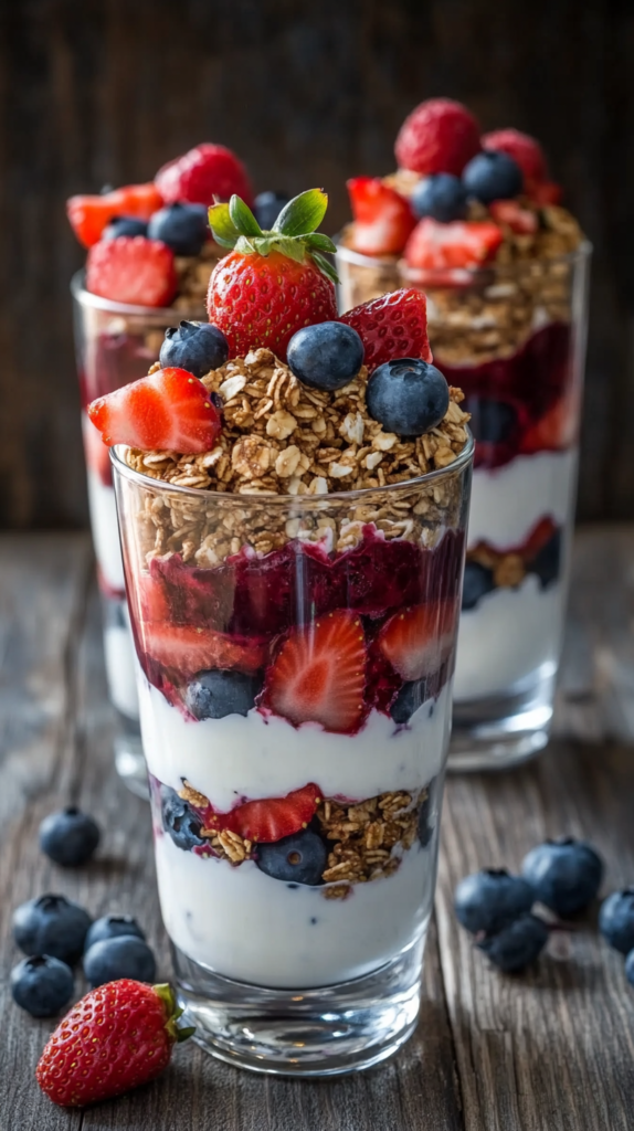 Joghurt-Osterparfaits mit Beeren und Granola, serviert in Gläsern.