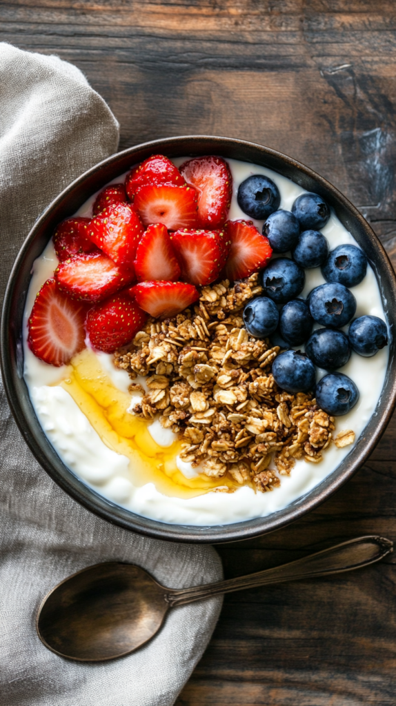 Joghurt-Bowl mit frischen Beeren, Granola & Honig – ein gesunder Brunch-Klassiker.