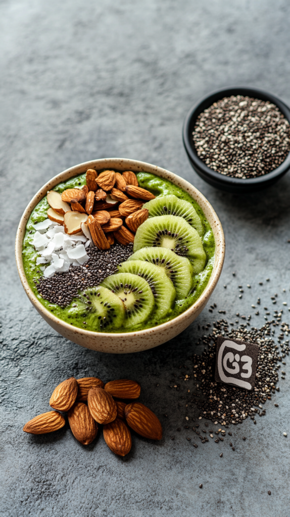 Eine grüne Smoothie-Bowl mit frischen Kiwischeiben, Chiasamen und Kokosraspeln, präsentiert in einer modernen Keramikschüssel.
