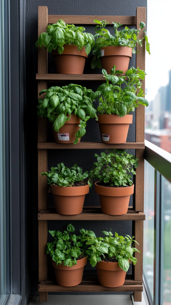 Verschiedene Balkon-Urban-Gardening-Ideen mit hängenden Kräutertöpfen, Hochbeeten & kreativen Pflanzlösungen.