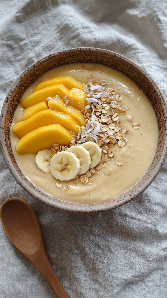 Cremige Smoothie-Bowl mit frischen Früchten & Haferflocken, serviert in einer Keramikschale.