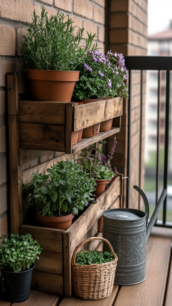 Balkon mit Frühlingsblumen, Kräutern & Efeu in Holzkästen.