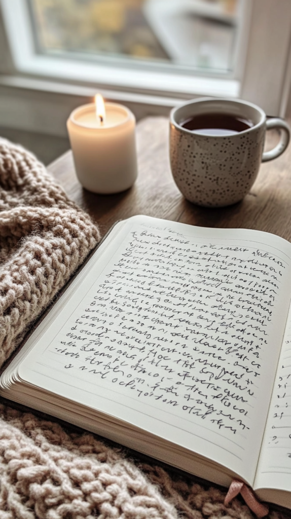 Offenes Journal mit Teetasse und Kerze – perfekte Atmosphäre für achtsames Schreiben.