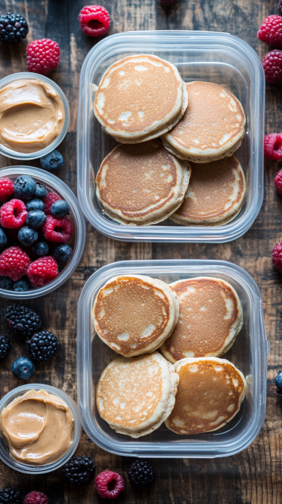 Vier Meal-Prep-Boxen mit gestapelten Protein-Pancakes, dazu Mandelmus in separaten kleinen Behältern und frische Beeren.