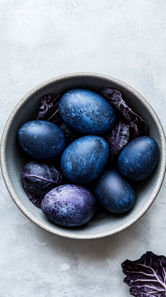 Natürlich blau gefärbte Ostereier mit Rotkohl, dekoriert in einer Schale.