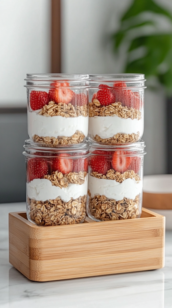 Vier Meal-Prep-Gläser mit Joghurt-Parfait, geschichtet mit Granola und Erdbeeren, ordentlich in einer Meal-Prep-Box gestapelt.