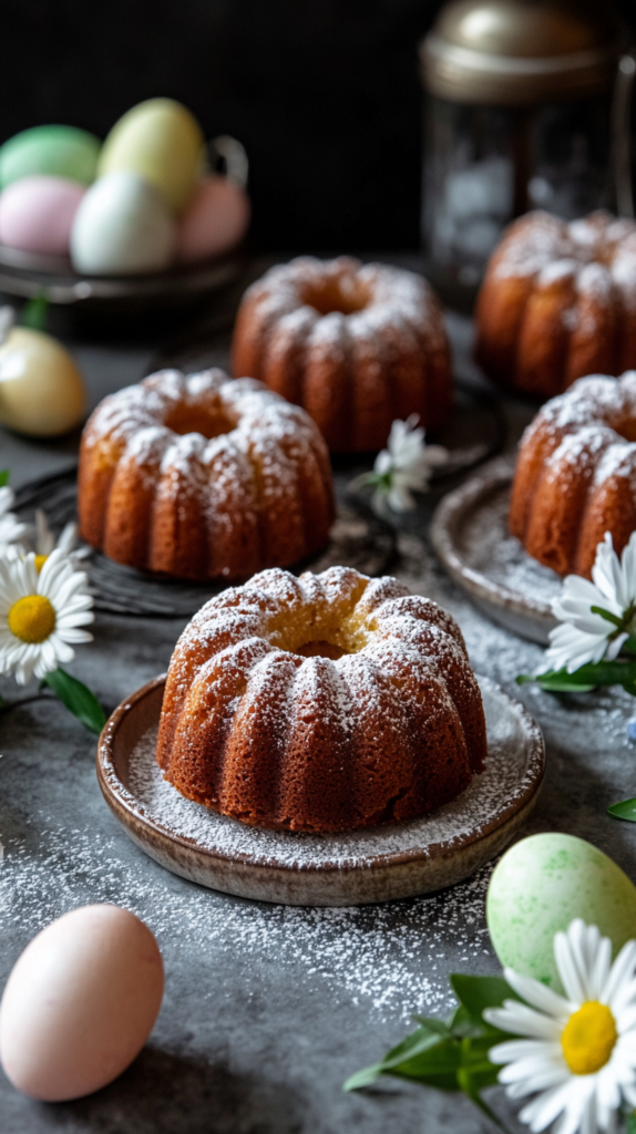 Zitronige Mini-Gugelhupfe, mit Puderzucker bestäubt.
