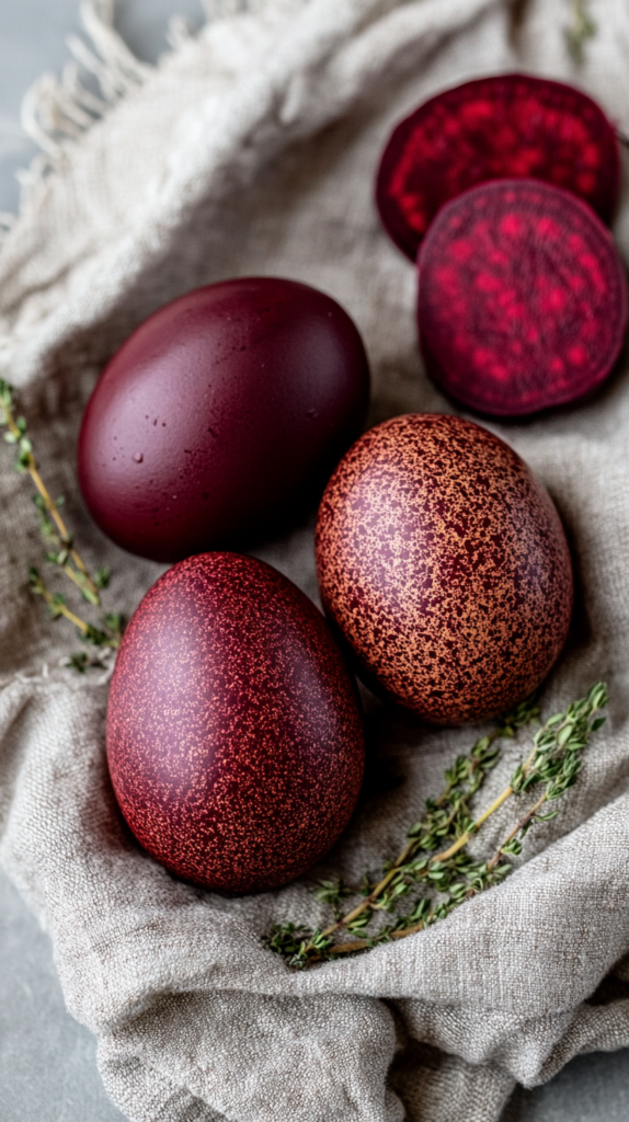 Natürlich rot gefärbte Ostereier mit Rote-Bete-Farbstoff, umgeben von Kräutern.