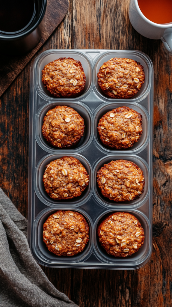 Zwölf frisch gebackene Bananen-Hafer-Muffins, portioniert in vier Meal-Prep-Boxen mit je drei Muffins, auf einem rustikalen Holztisch.