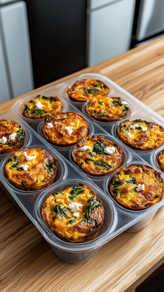 Zwölf Ei-Muffins mit Spinat und Feta, portioniert in vier Meal-Prep-Boxen mit je drei Muffins, servierfertig für eine schnelle Frühstücksoption.
