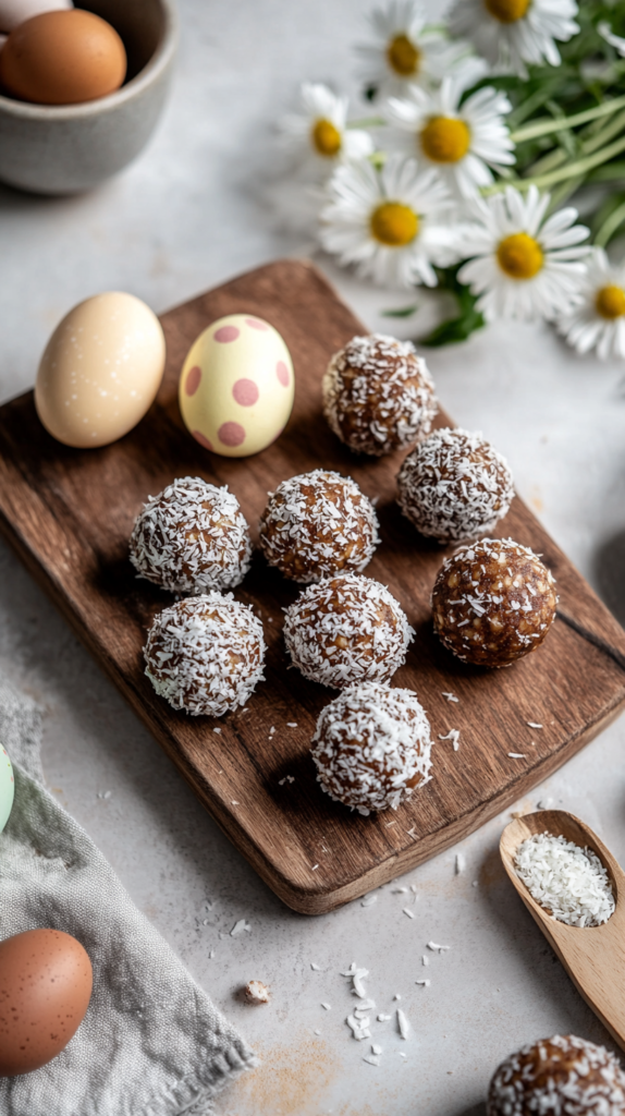 Apfel-Zimt-Energy-Balls mit Kokosraspeln auf einem Holzbrett.