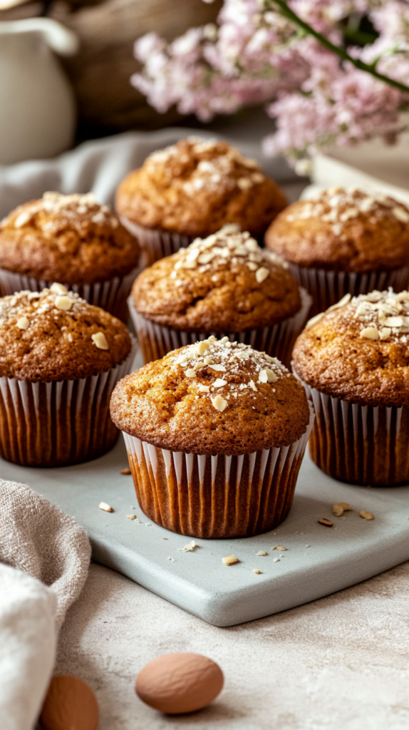 Karottenmuffins mit Mandeln, angerichtet auf einer festlichen Oster-Tafel.