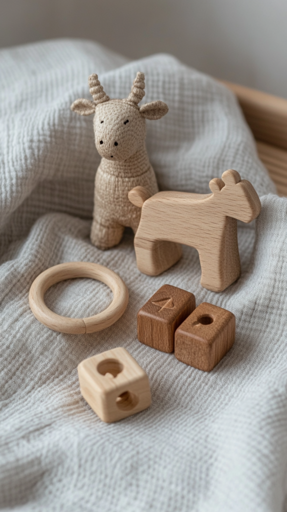 Nachhaltiges Baby-Spielzeug aus Holz, liebevoll arrangiert auf einem Leinentuch.