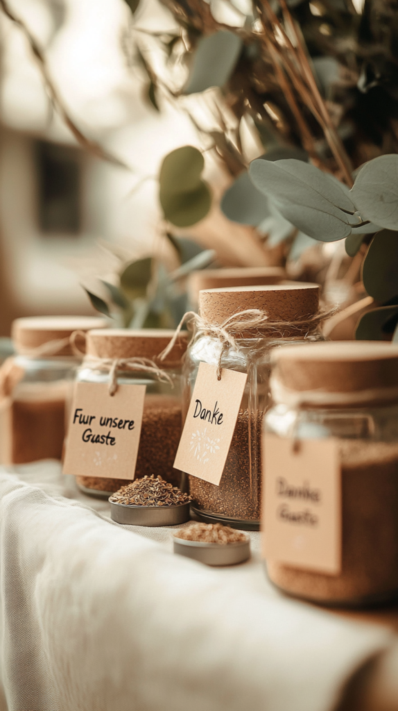 DIY Gastgeschenke mit Saatgut, Mini-Kerzen & Namenskärtchen liebevoll arrangiert.