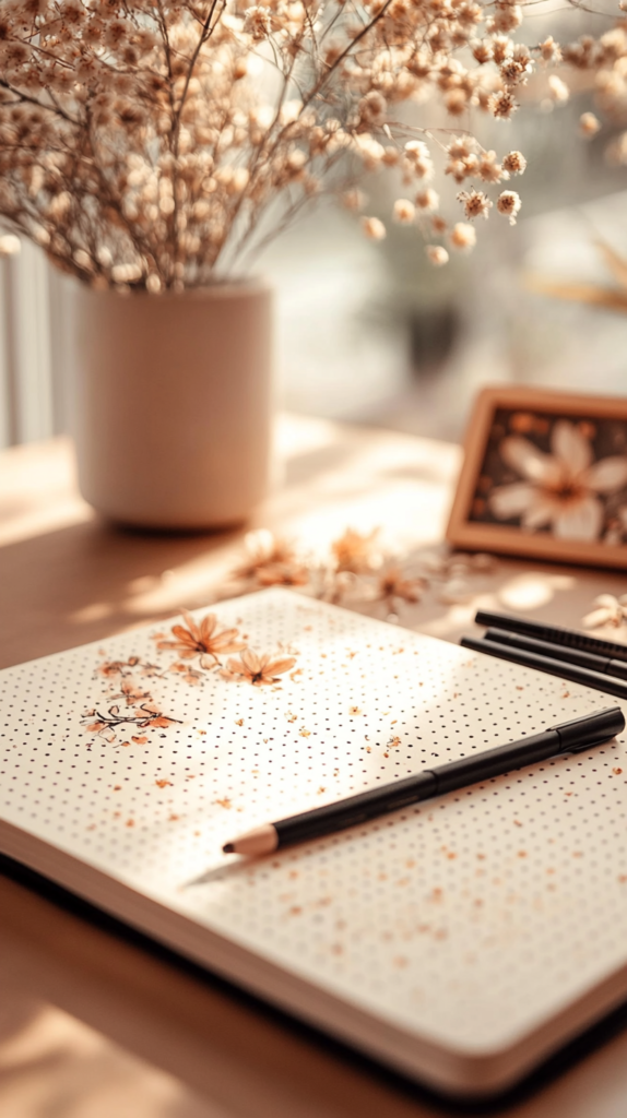 : Bullet-Journal mit Stiften, Spruchseite und kleinen Doodles auf Holzschreibtisch.