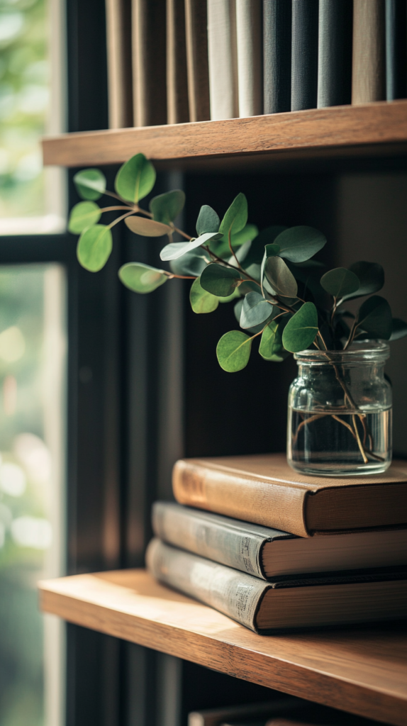 Bücherregal mit herabhängender Pothos-Pflanze, kleiner Sansevieria und Eukalyptus im Glas – zwischen erdfarbenen Büchern.