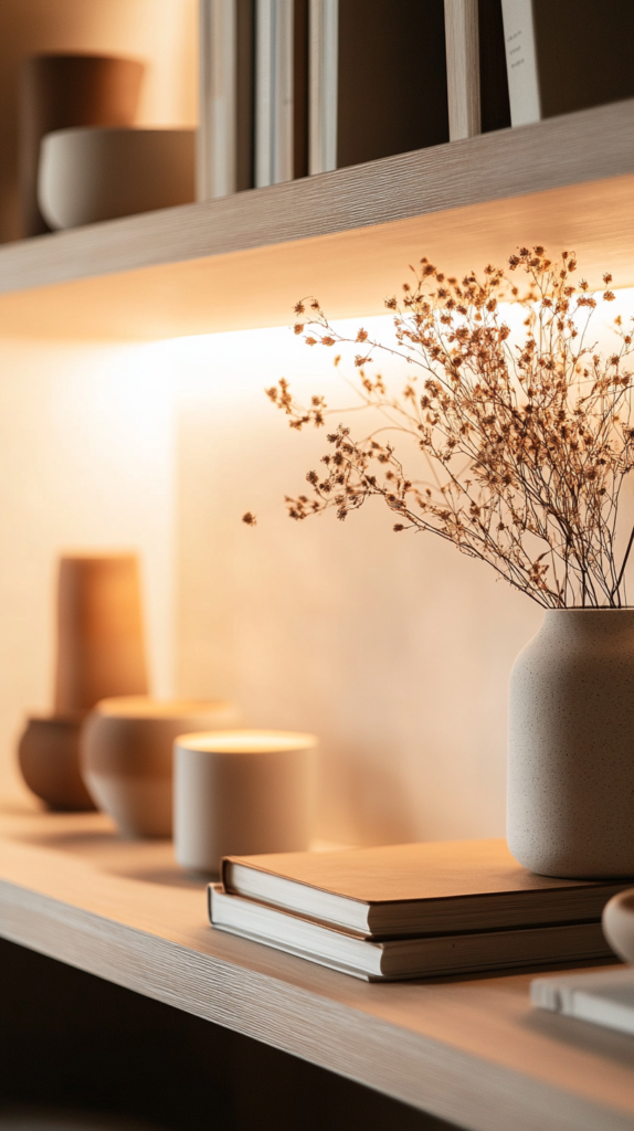 Regal mit LED-Lichtleisten, warmem Licht & Deko aus Keramik, Trockenblumen und Büchern.