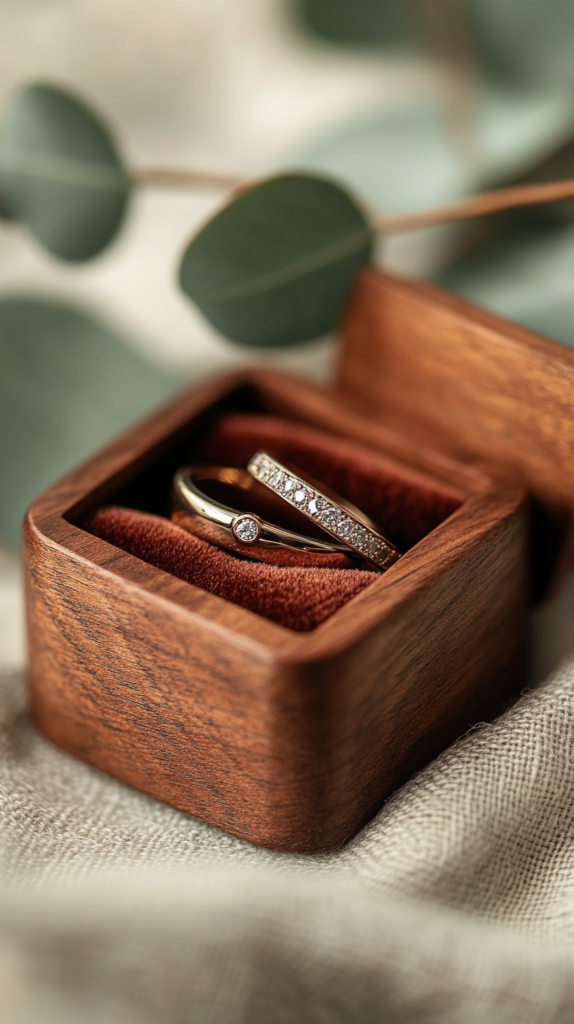 Holz-Ringbox mit Gravur und Samteinlage, daneben Eukalyptus auf Leinentuch.