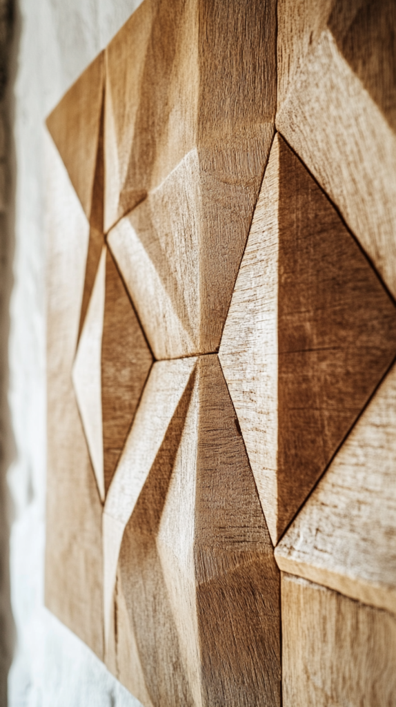 Skandinavische Wanddeko aus Holzplatten mit geometrischem Muster, handgeschnitzt.