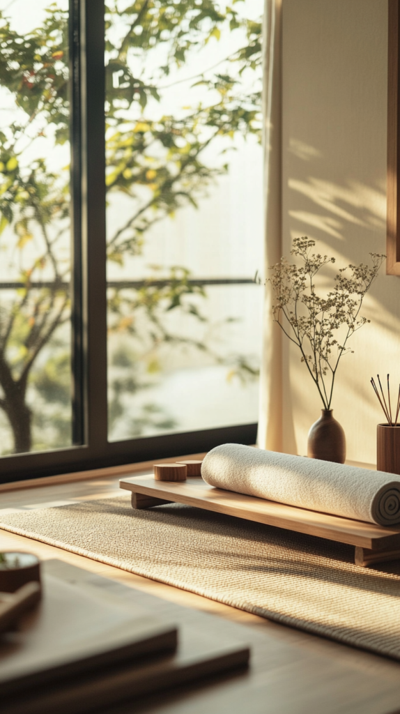  Praktische Yoga-Ecke mit Rollregal, Korkmatte und klappbarem Zubehör in kleiner Wohnung.