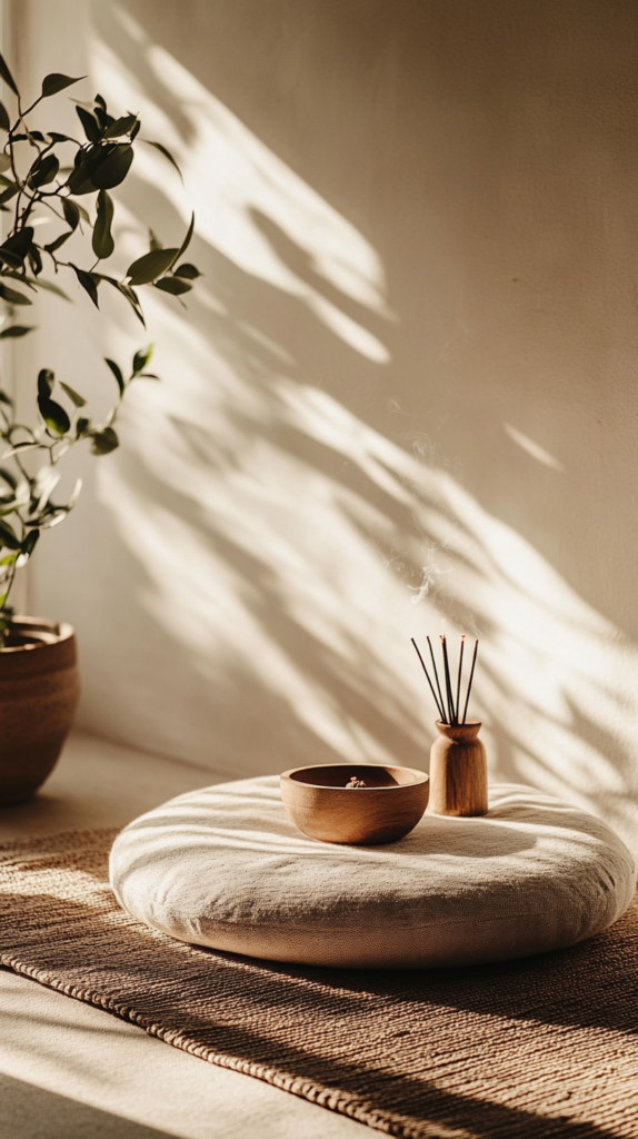Meditationsplatz mit Leinenkissen, Räucherstäbchen und Naturmaterialien in weichem Licht.