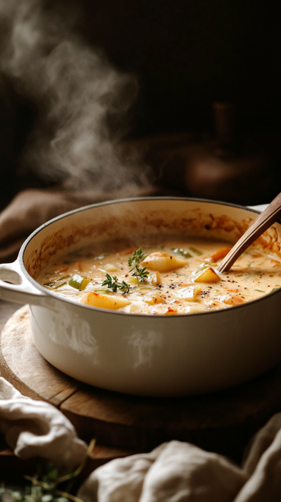 Cremiger Kartoffel-Lauch-Eintopf mit Kartoffelstücken und Lauchringen in weißem Topf auf Holzbrett.