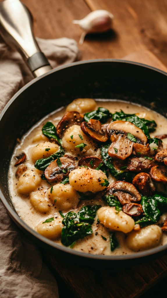 Cremige Gnocchi mit Pilzen & Spinat in heller Pfanne mit Holzlöffel auf Leinentuch.